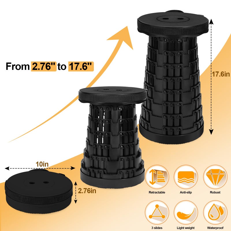 Fuairmee Collapsible Stool - Upgraded with 3 Slides Load Capacity 600lbs  Folding Camping Stool with 3-in-1 Carry Bag  Lightweight Sturdy Retractable Suitable for Camping Fishing Hiking BBQ (Black) - Image 2